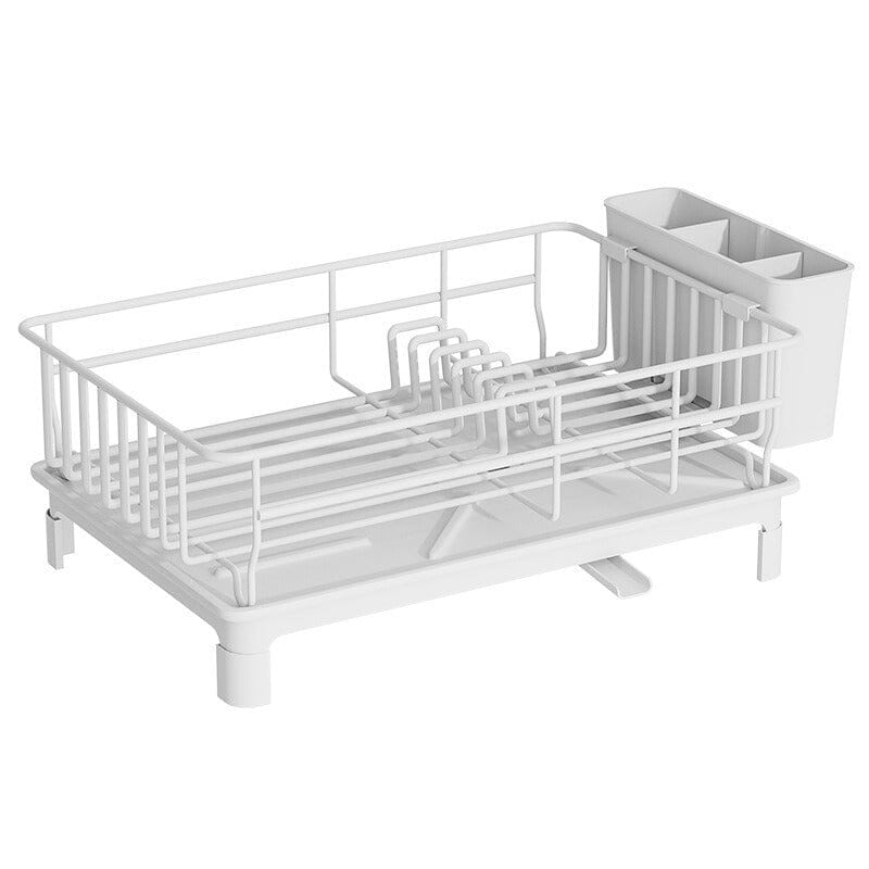 Égouttoir vaisselle métal blanc compact sur fond blanc.