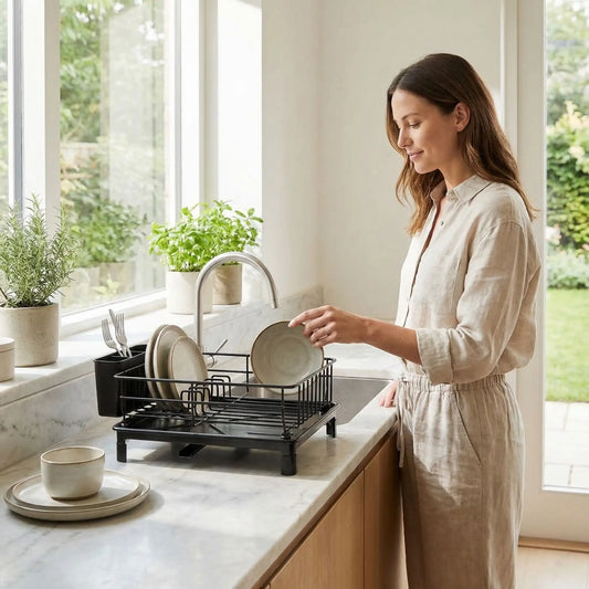 Égouttoir vaisselle métal noir au design compact posé sur un plan de travail de cuisine.