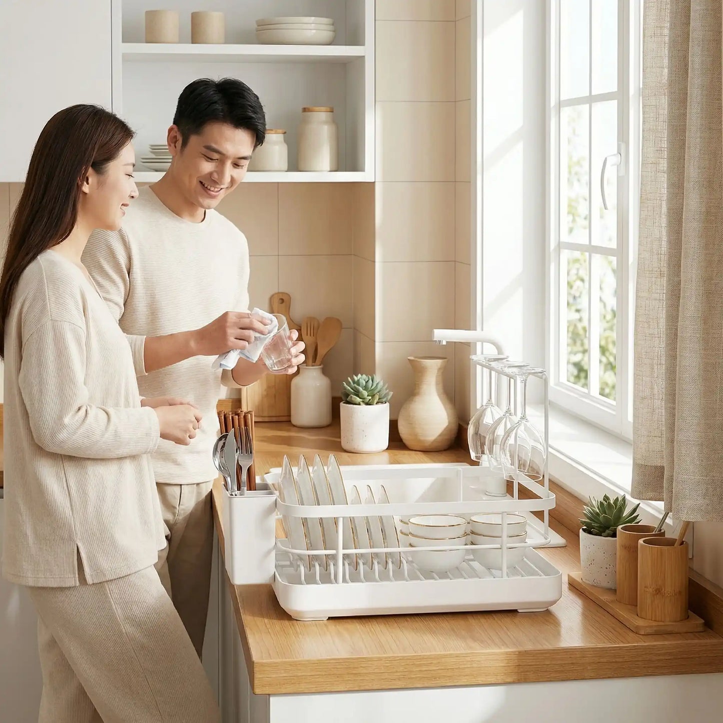 Couple faisant la vaisselle avec un égouttoir design blanc