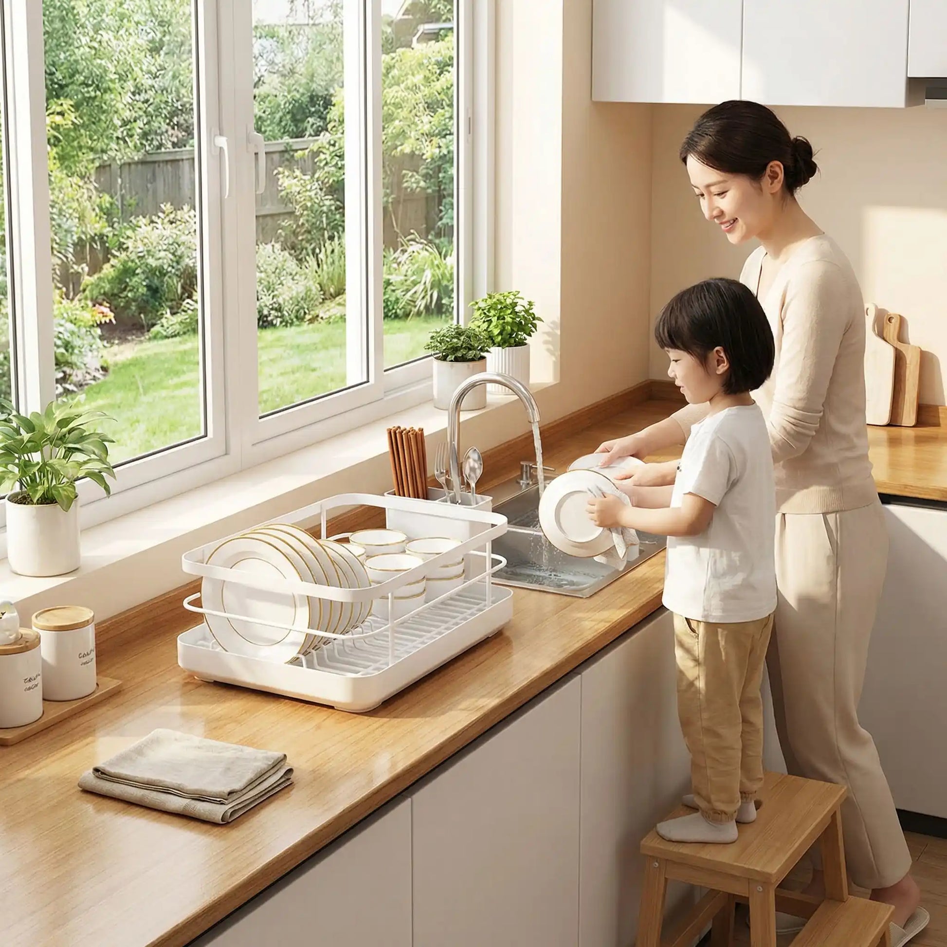 Femme et enfant utilisant un égouttoir vaisselle design blanc