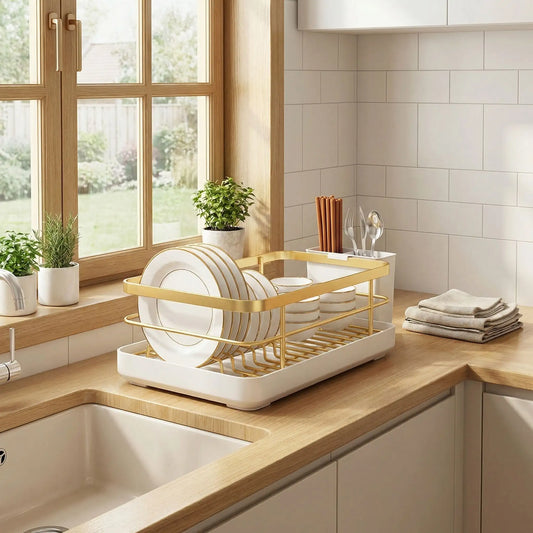 Égouttoir vaisselle design doré sur comptoir près du lavabo