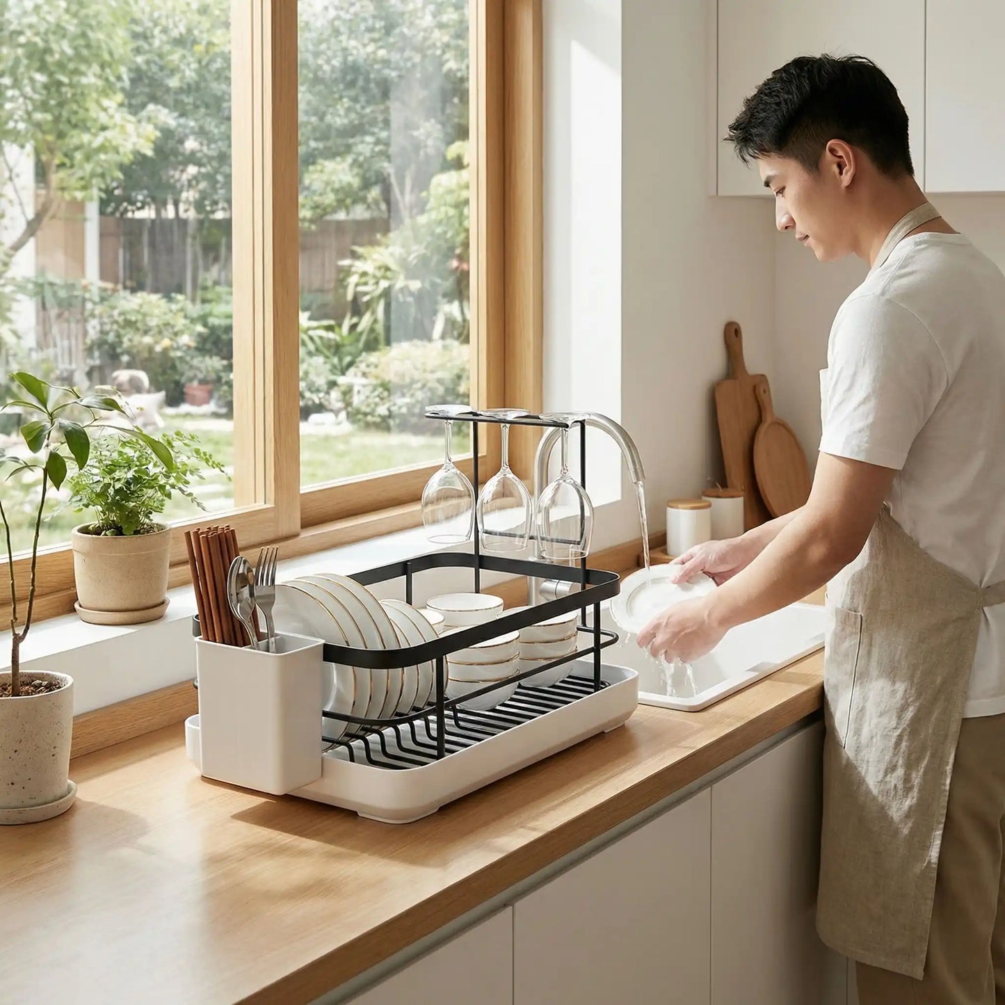 Homme utilisant un égouttoir vaisselle design noir en cuisine