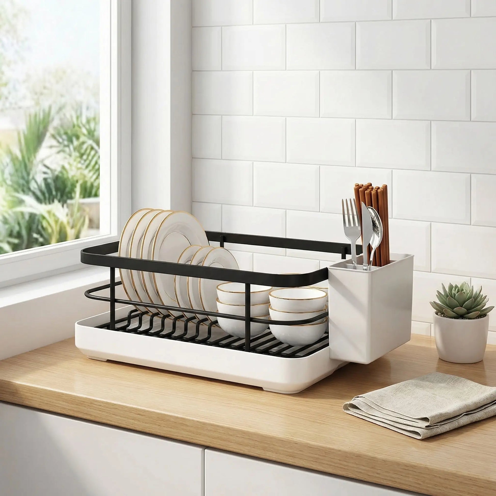 Égouttoir vaisselle design noir devant tuile et fenêtre de cuisine