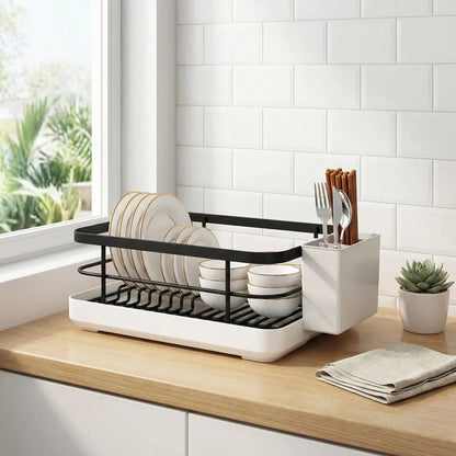 Égouttoir vaisselle design noir devant tuile et fenêtre de cuisine