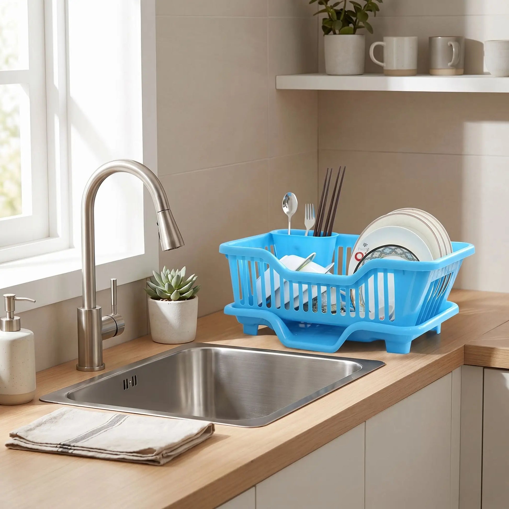 Égouttoir vaisselle drainage automatique bleu comptoir avec accessoires