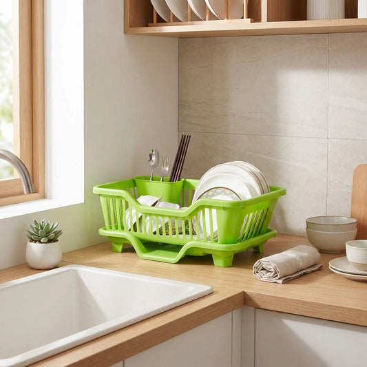 Égouttoir vaisselle drainage automatique vert sur comptoir avec accessoires