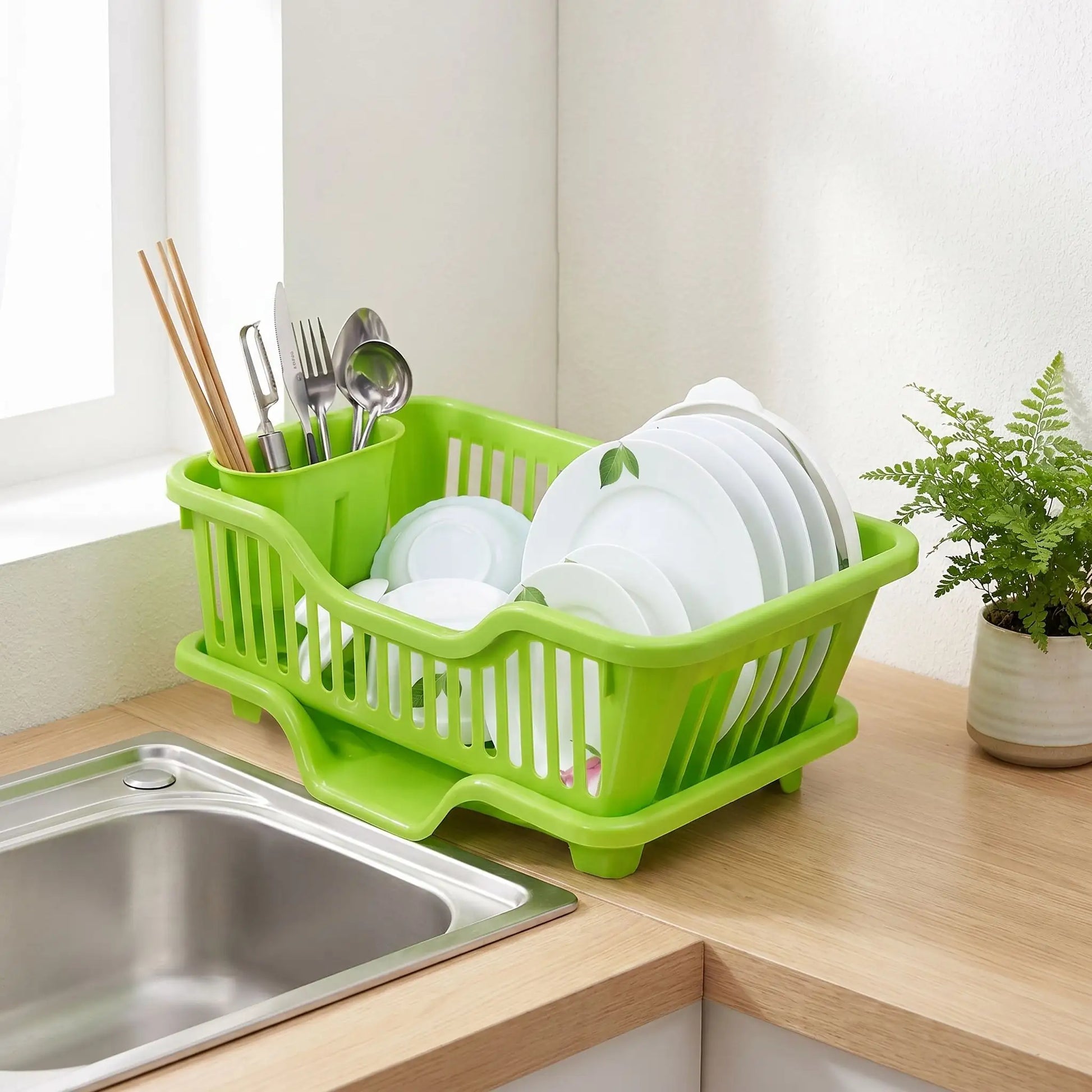 Égouttoir vaisselle drainage automatique vert comptoir avec plante