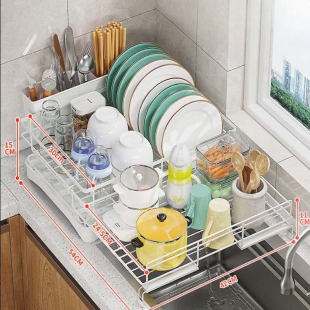 Égouttoir vaisselle extensible blanc déployé avec dimensions près du lavabo