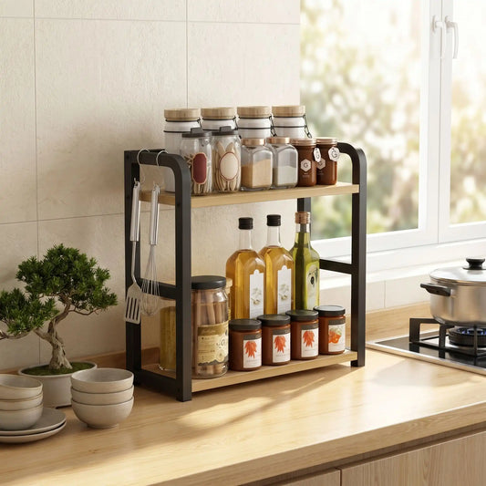Étagère à épices 2 niveaux antirouille érable sur comptoir dos au mur avec fenêtre, plante et plaque de cuisson