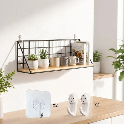 Étagère à épices bois et métal fixée au mur dans une cuisine avec plantes et démonstration des 2 types de crochets