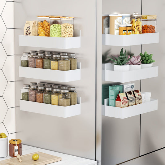 Étagère à épices magnétique sans perçage blanche - 6 étagères sur frigo argenté avec épices et condiments