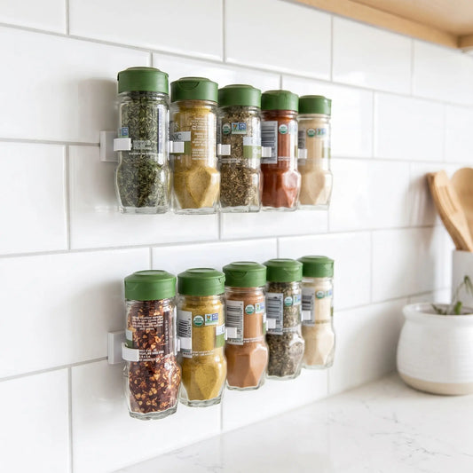 Étagère à épices murale sans perçage blanche - installée sur mur de tuiles blanches au-dessus d'un comptoir gris pâle avec ustensiles en arrière-plan
