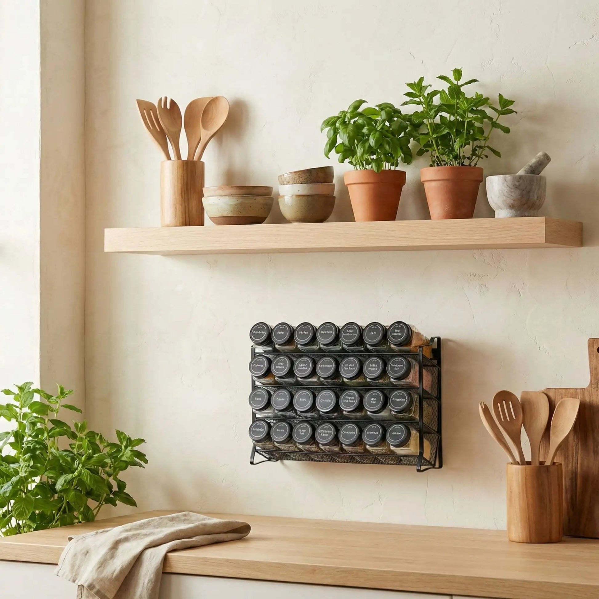 Étagères à épices murales 4 niveaux dans cuisine zen avec plantes et bols