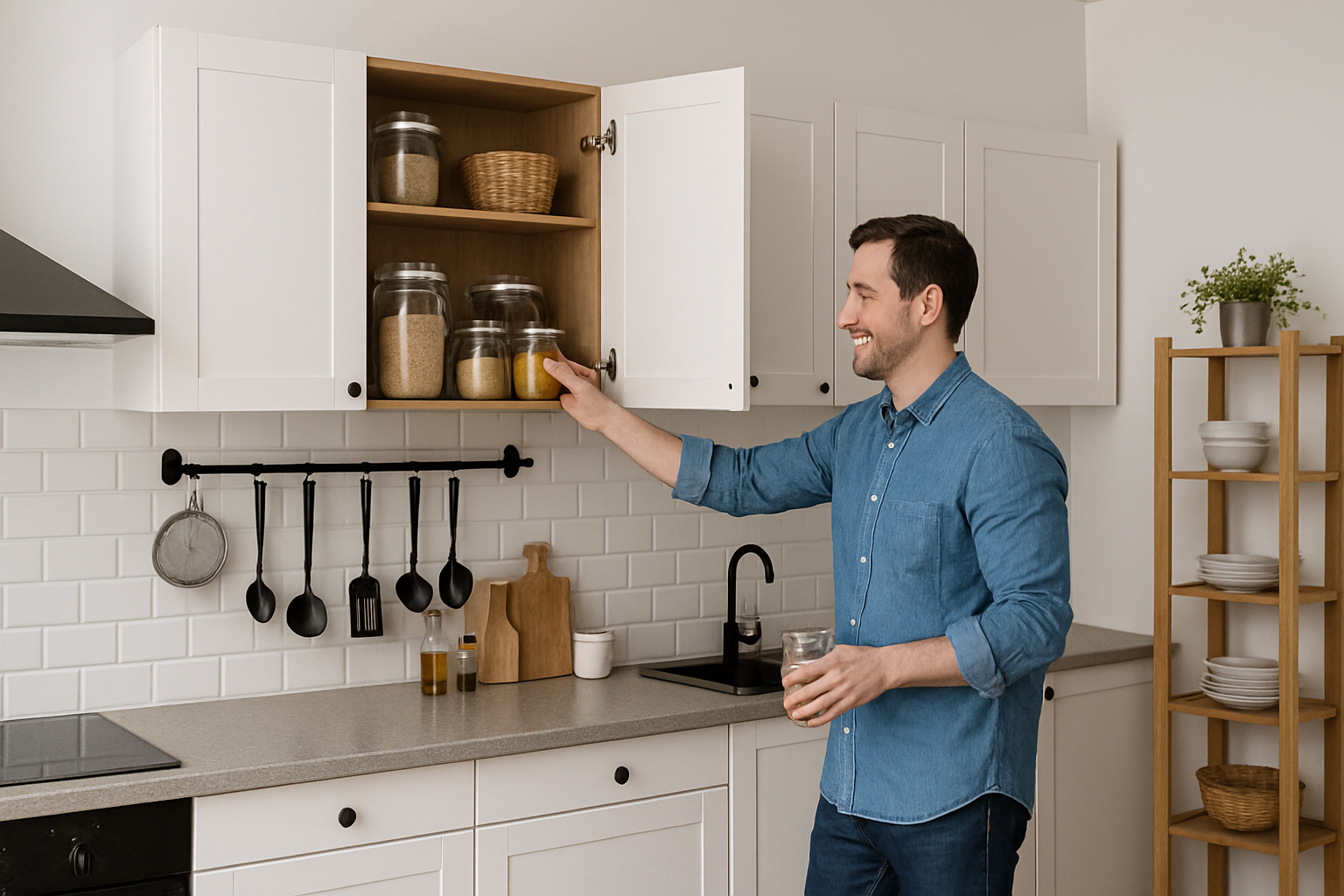 Homme souriant ouvrant une armoire de cuisine bien organisée avec des bocaux